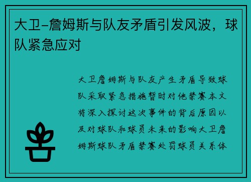大卫-詹姆斯与队友矛盾引发风波，球队紧急应对